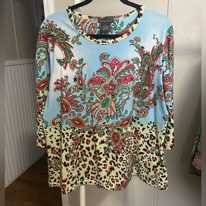 French Postcards Women’s Blue Embellished Paisley and Cheetah Print Blouse XL